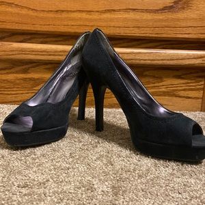 Candies Size 7.5 black peep-toe heels.